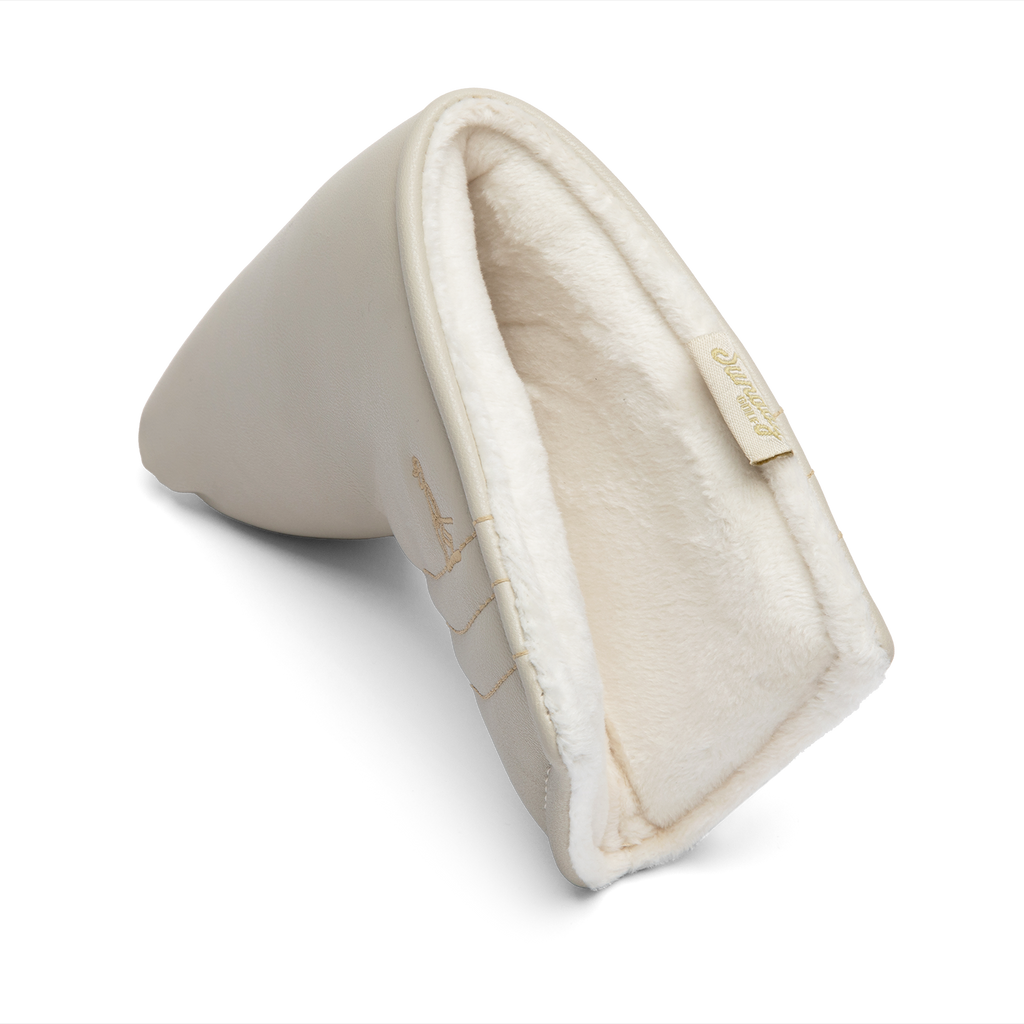 Side shot of blade putter golf headcover in toasted almond vegan leather
