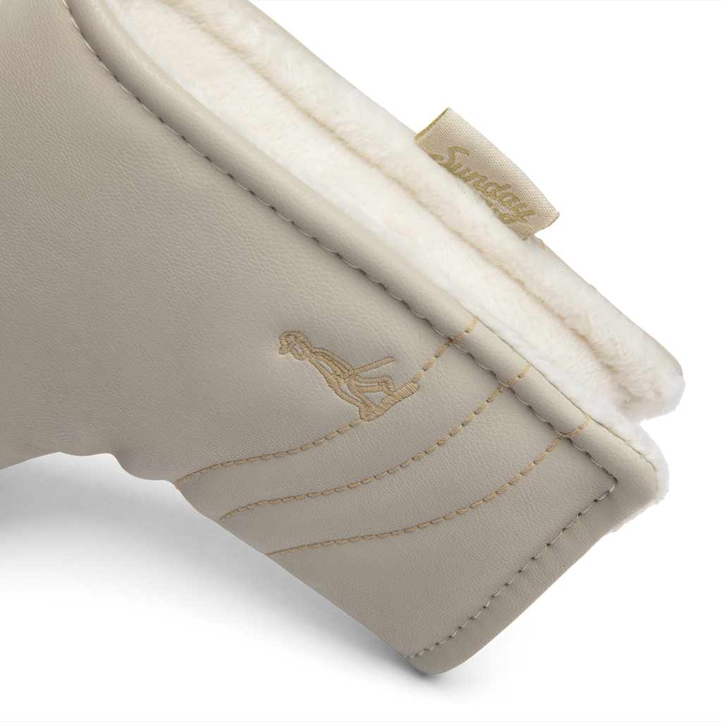 Inward shot of blade putter golf headcover in toasted almond vegan leather