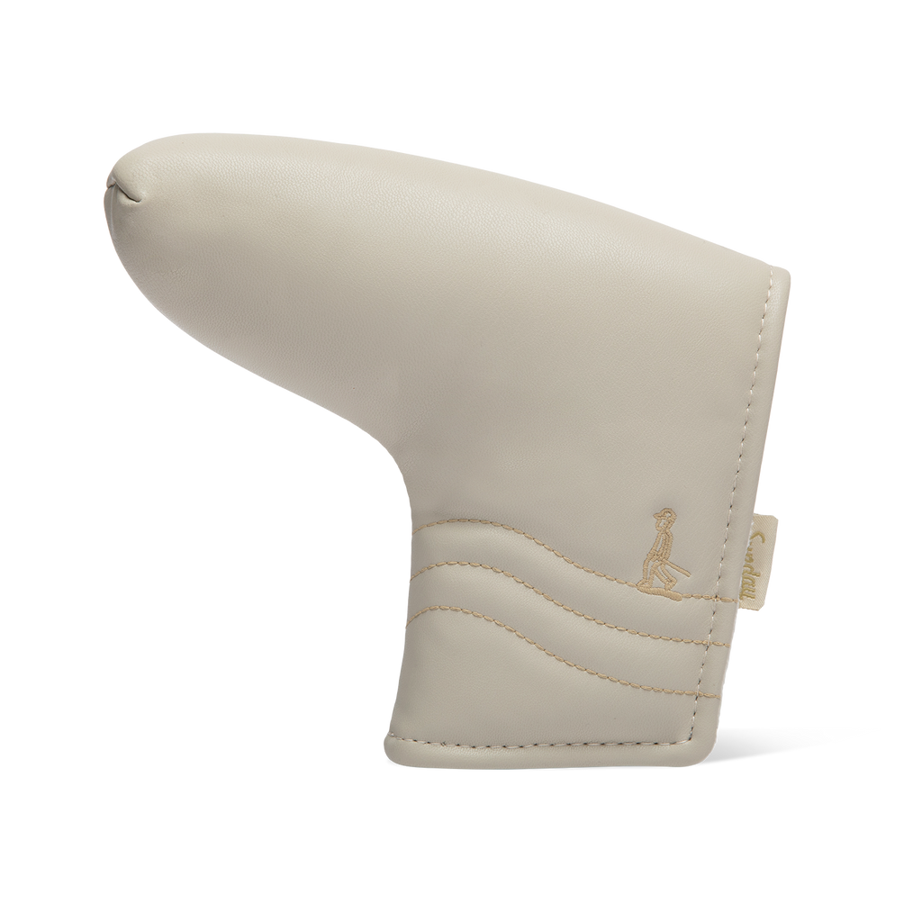 Front shot of blade putter golf headcover in toasted almond vegan leather
