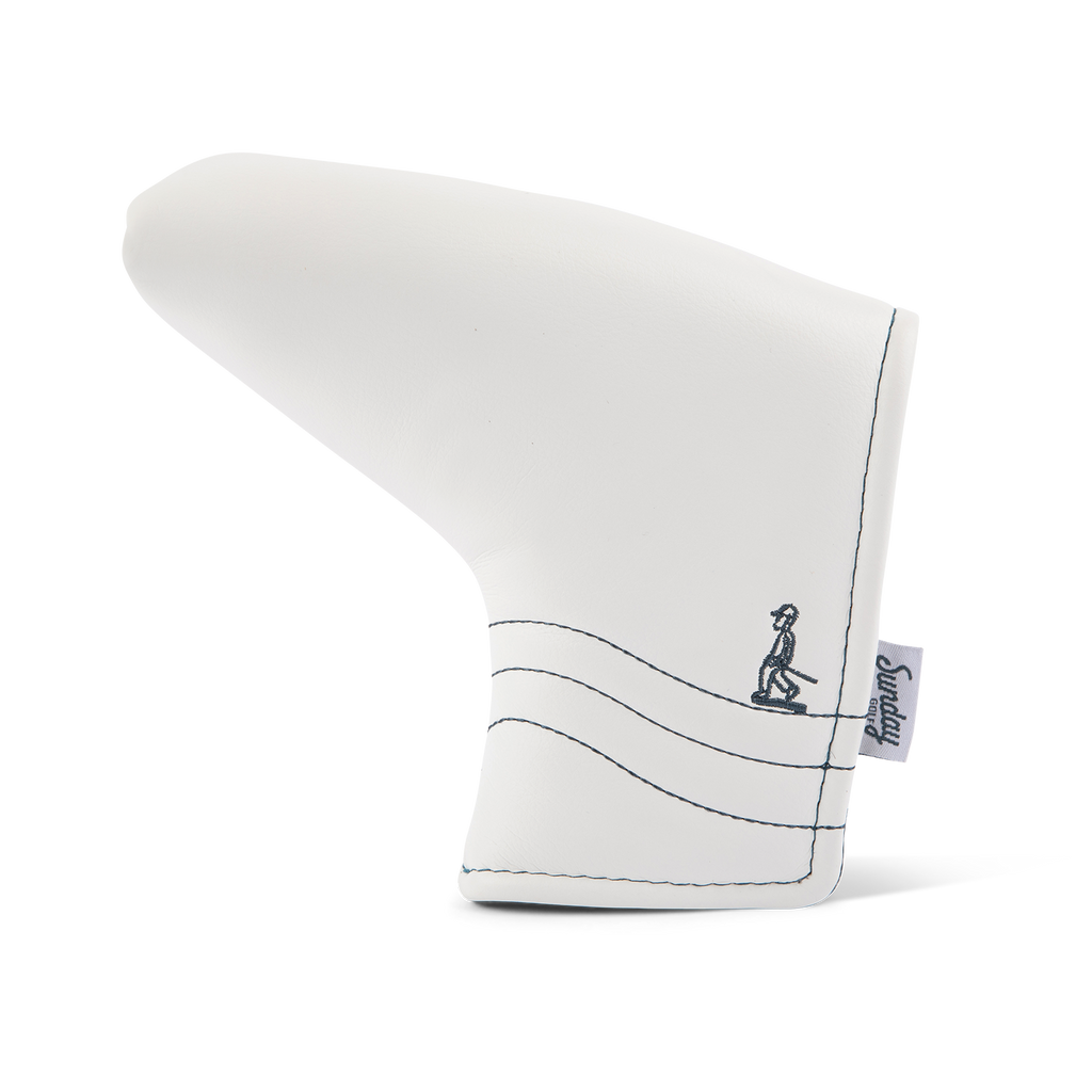 Front shot of blade putter golf headcover in white/navy vegan leather
