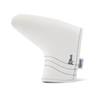 Front shot of blade putter golf headcover in white/navy vegan leather
