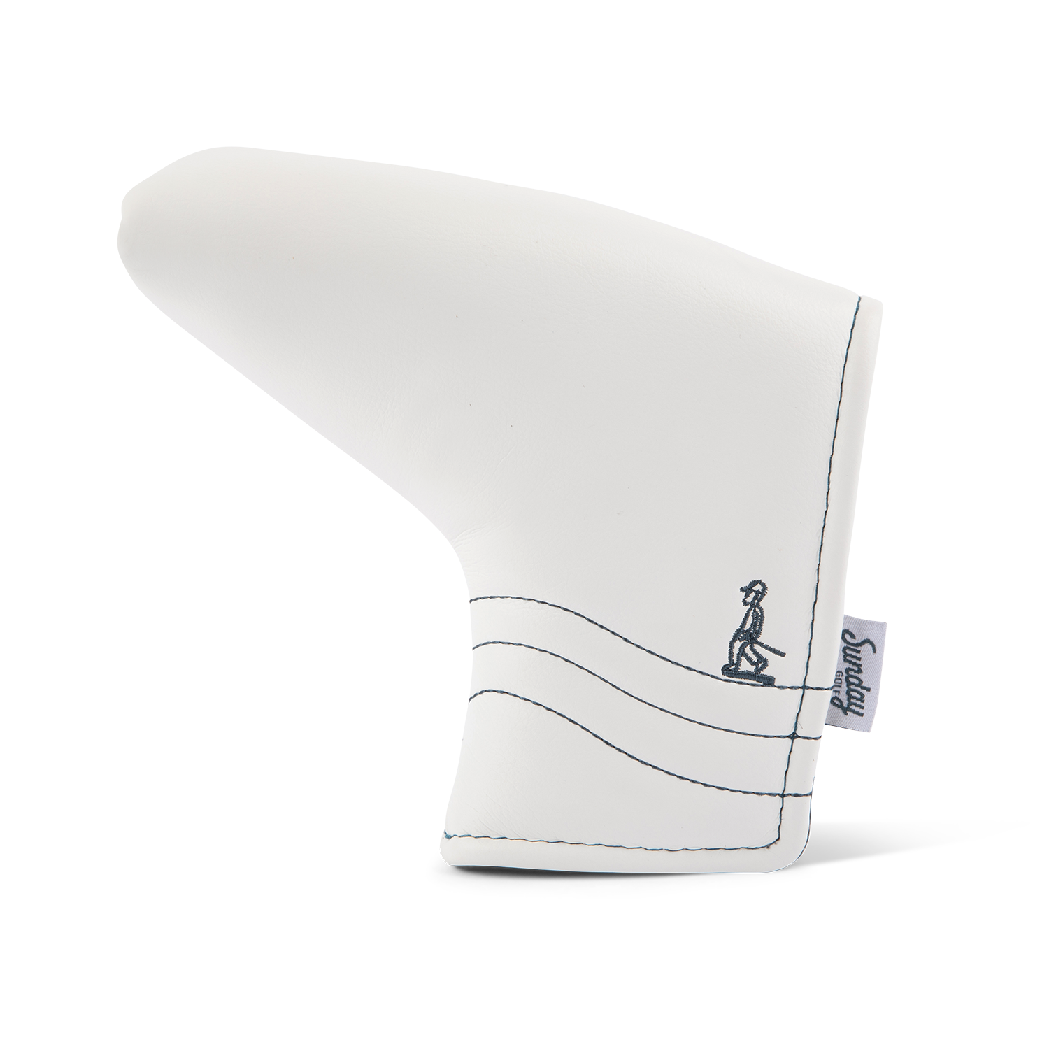 Front shot of blade putter golf headcover in white/navy vegan leather
