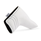 Close up shot of blade putter golf headcover in white/navy vegan leather showing its linings
