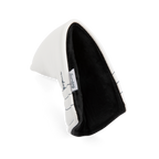 Side shot of blade putter golf headcover in white/navy vegan leather
