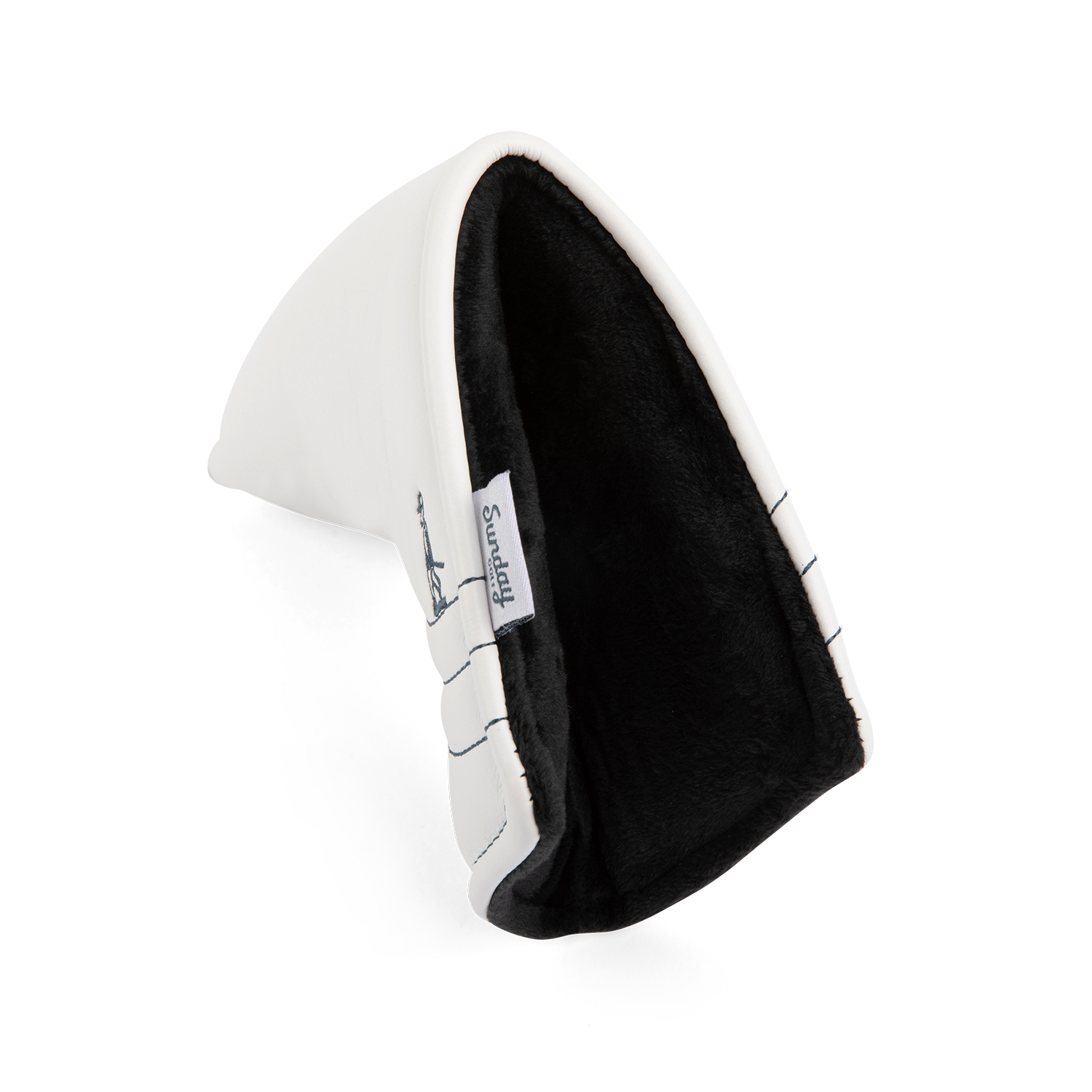 Side shot of blade putter golf headcover in white/navy vegan leather
