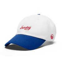 Dad Hat white with blue rim and red Sunday Golf Logo front shot