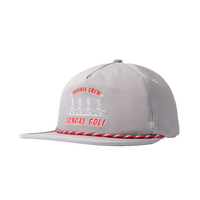 Gray Domingo Crew Hat Front Shot with red rope , sunday golf logo and man walking