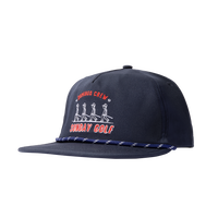 Navy Domingo Crew Hat Front Shot with red rope , sunday golf logo and man walking