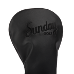 Close up shot of driver golf headcover in black vegan leather showing its material and Sunday Golf logo

