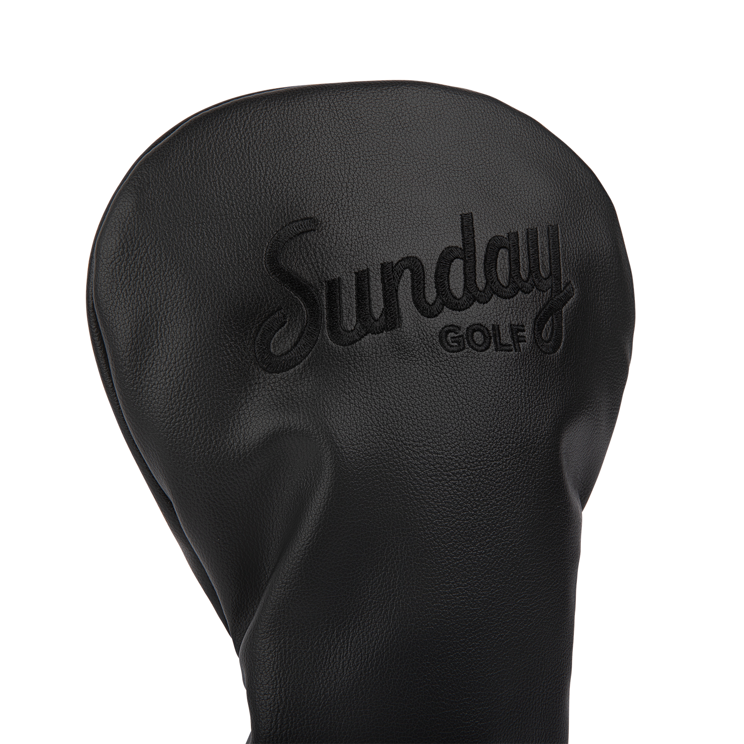 Close up shot of driver golf headcover in black vegan leather showing its material and Sunday Golf logo
