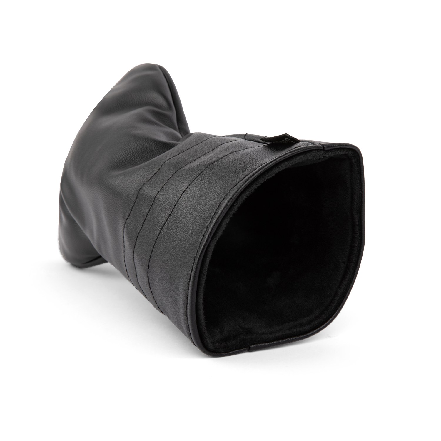 Inward shot of driver golf headcover in black vegan leather