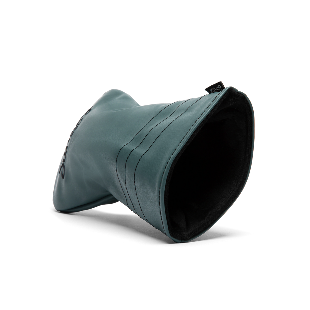 Inward shot of driver golf headcover in midnight green vegan leather
