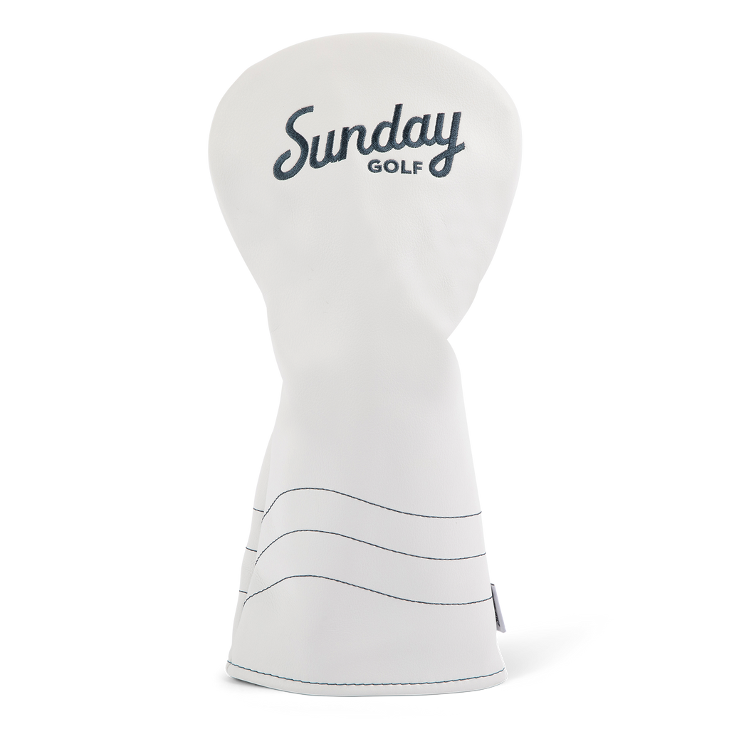 Front shot of driver golf headcover in white and navy vegan leather
