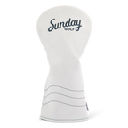 Front shot of driver golf headcover in white and navy vegan leather
