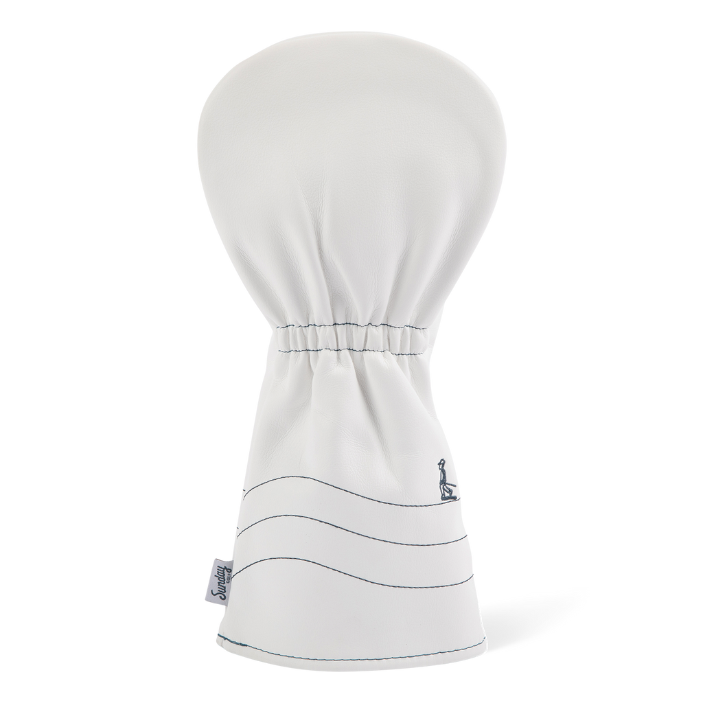 Rear shot of driver golf headcover in white and navy vegan leather
