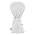 Rear shot of driver golf headcover in white and navy vegan leather
