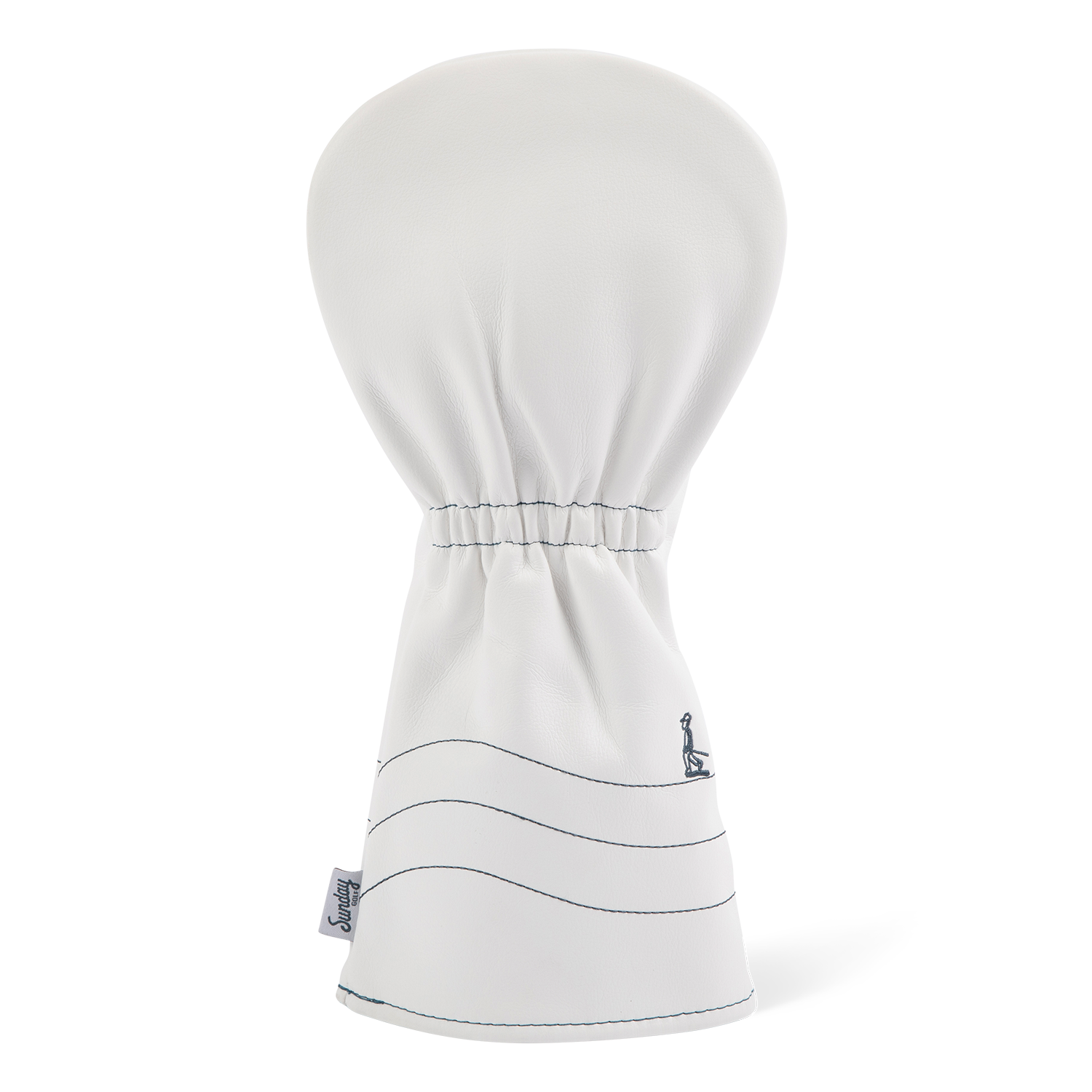 Rear shot of driver golf headcover in white and navy vegan leather
