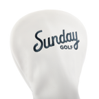 Close up shot of driver golf headcover in white and navy vegan leather showing its material and Sunday Golf logo
