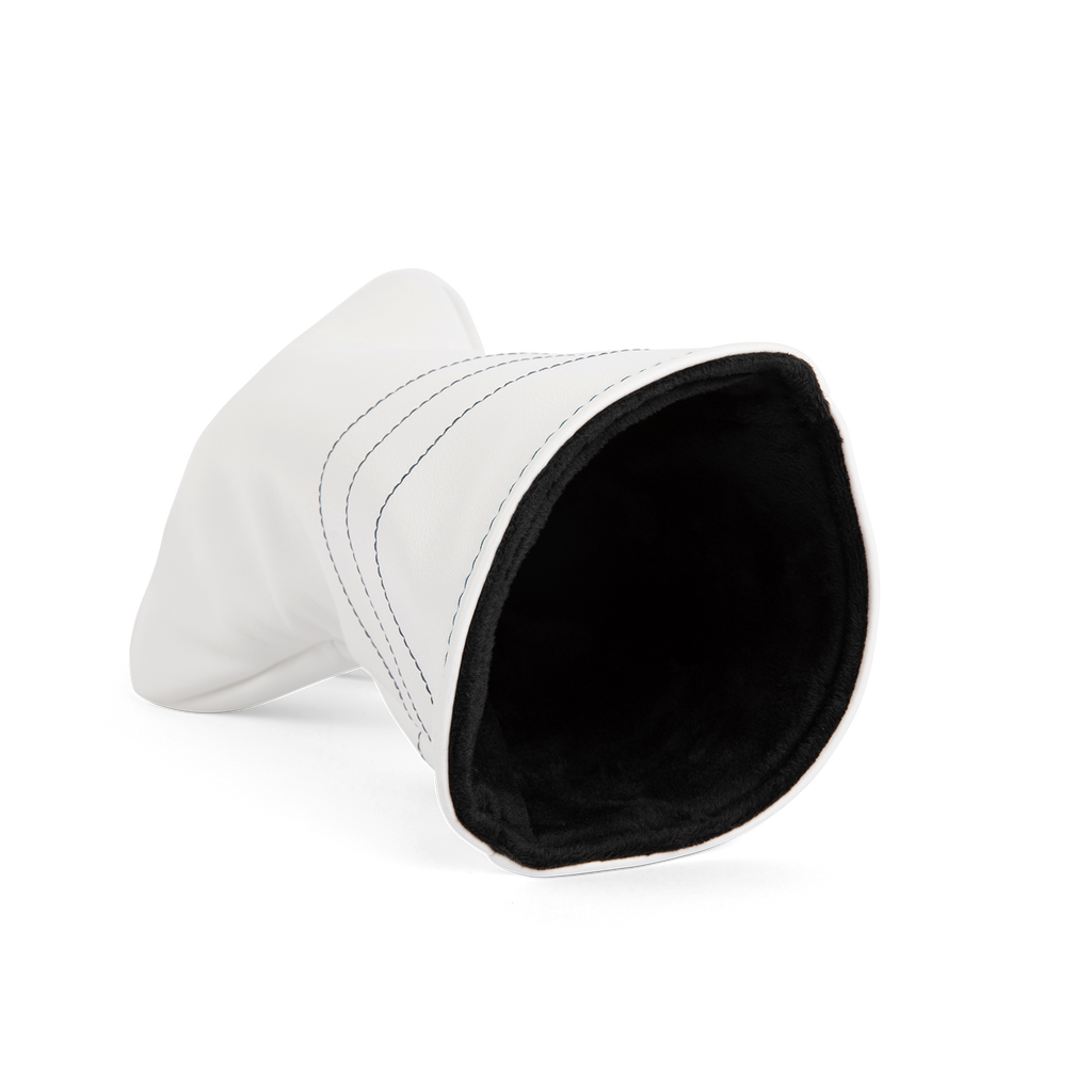 Inward shot of driver golf headcover in white and navy vegan leather