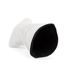 Inward shot of driver golf headcover in white and navy vegan leather
