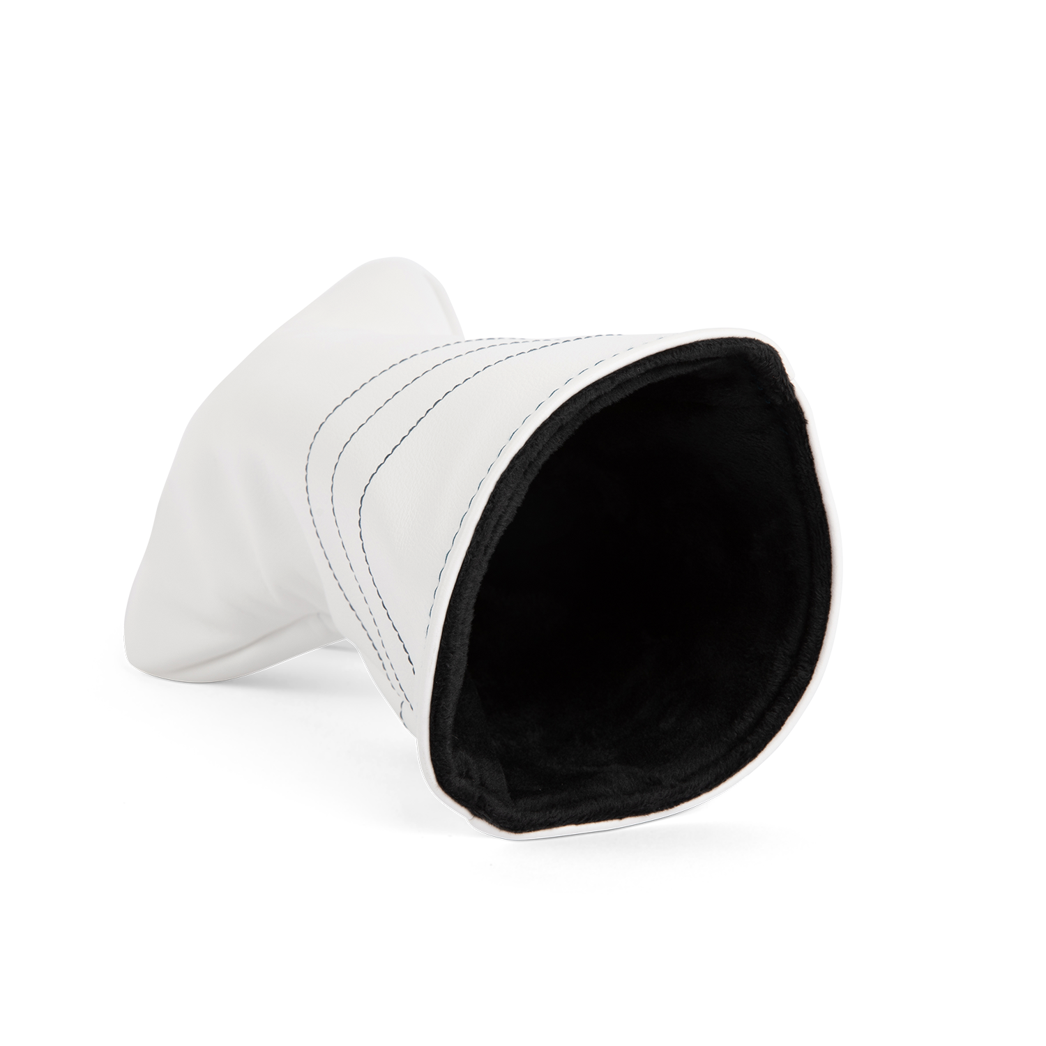 Inward shot of driver golf headcover in white and navy vegan leather
