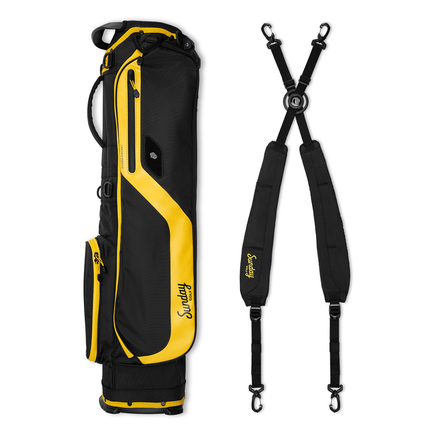  A full shot of El Camino golf bag in black & yellow laying flat sideways beside its double strap