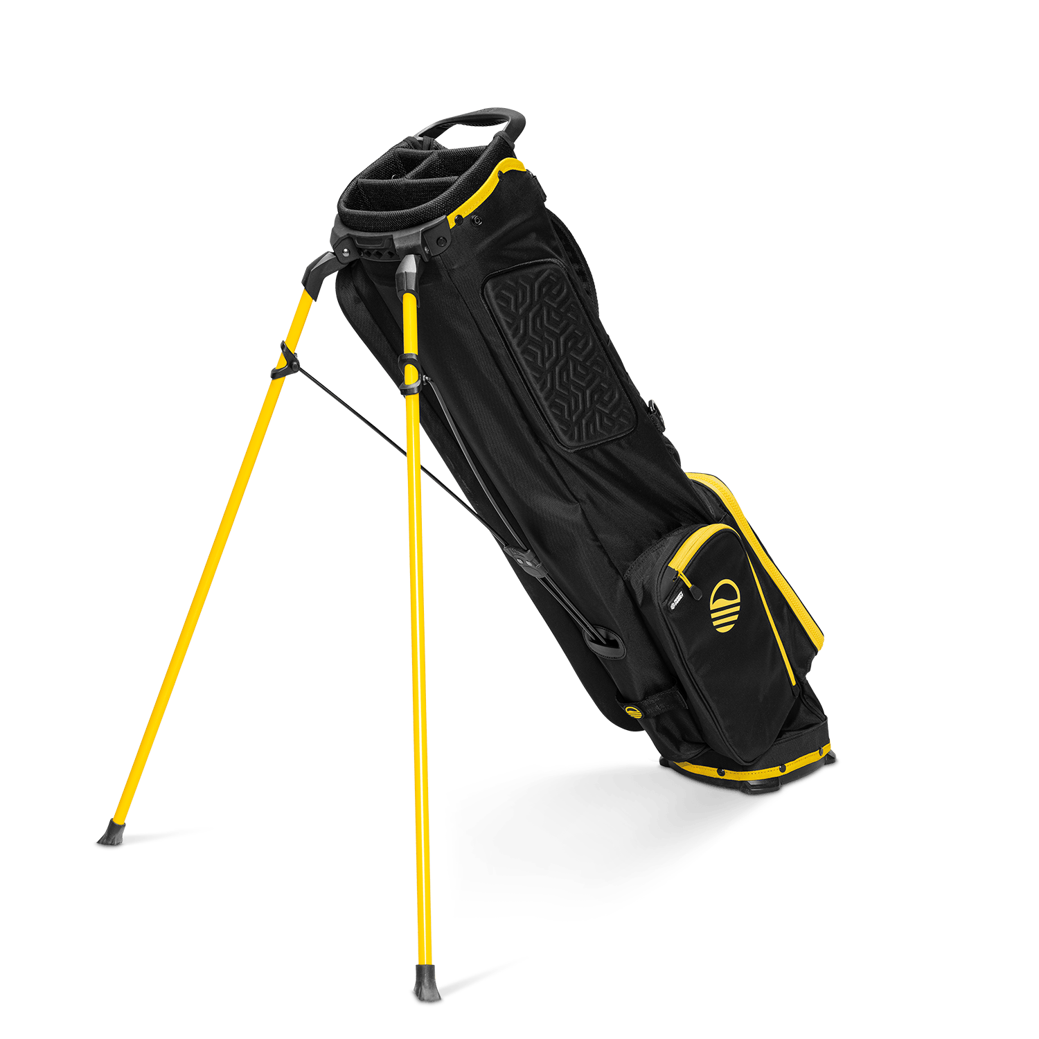 A full shot of El Camino golf bag in black and yellow facing backward