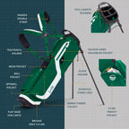 Green golf bag with features labeled on a grid background