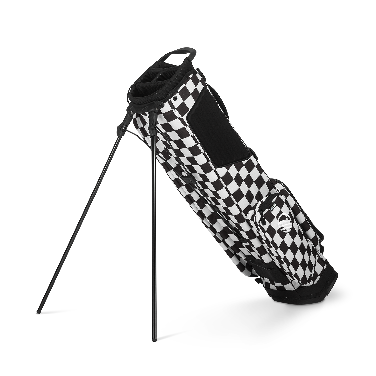 A full shot of El Camino golf bag in Black/White Checker facing backward 

