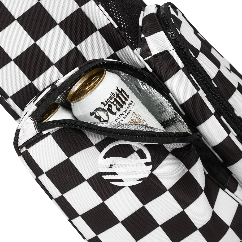 A close up shot of Black/White Checker El Camino golf bag's insulated pocket with a canned drink inside
