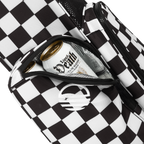 A close up shot of Black/White Checker El Camino golf bag's insulated pocket with a canned drink inside
