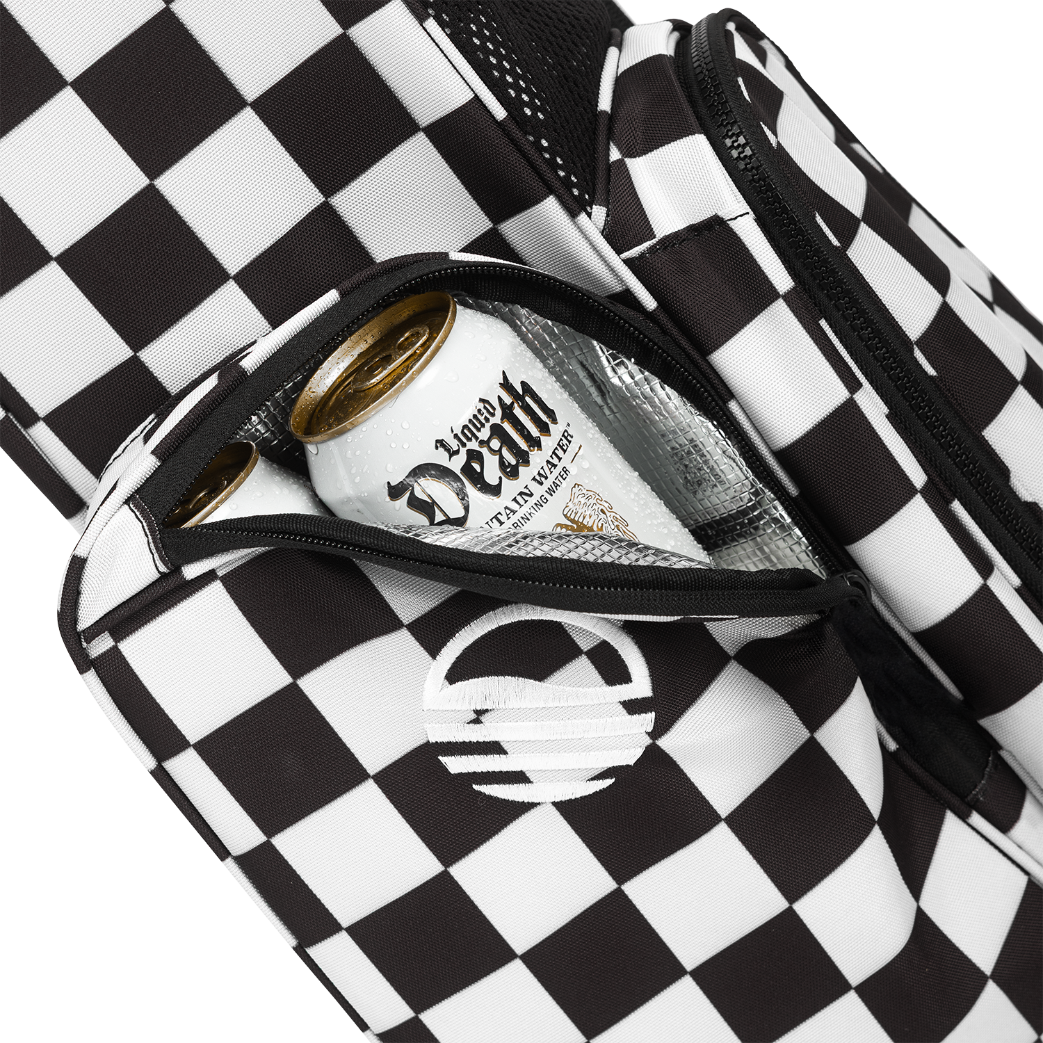 A close up shot of Black/White Checker El Camino golf bag's insulated pocket with a canned drink inside
