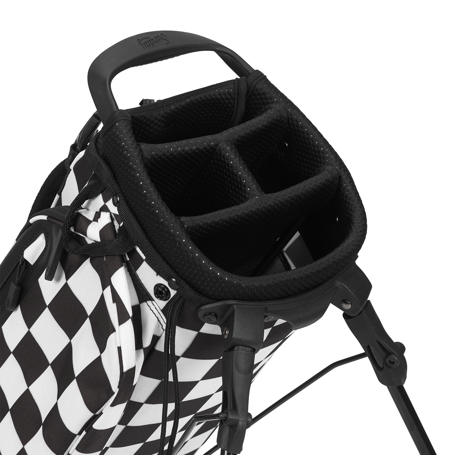 A close up top view of a Black/White Checker El Camino golf bag's 4 way divider  

