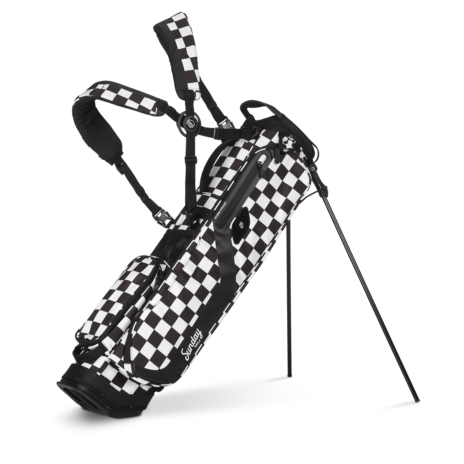A full front shot of standing El Camino golf bag in Black/White Checker with double strap
