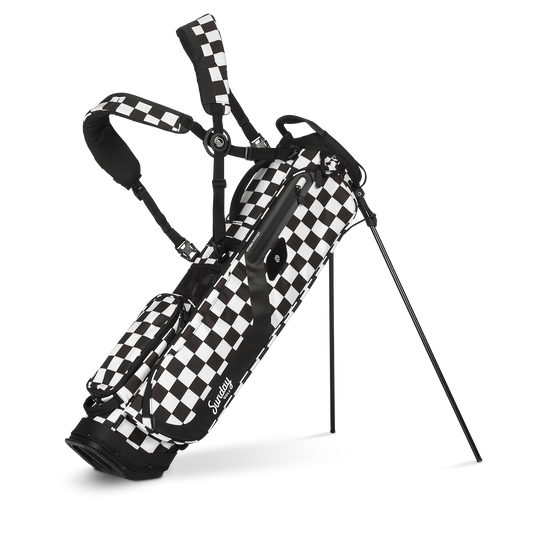 A full front shot of standing El Camino golf bag in Black/White Checker with double strap

