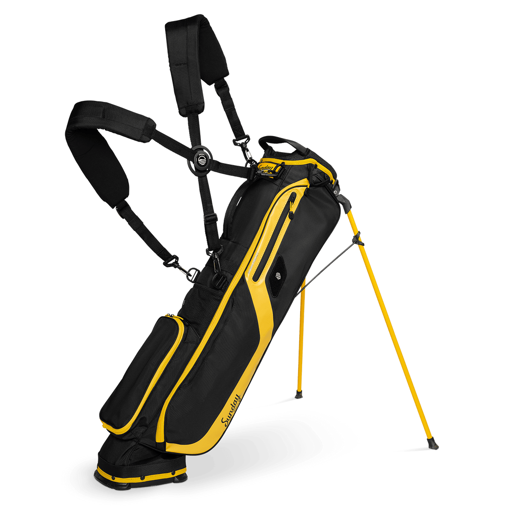 A full front shot of standing El Camino golf bag in black & yellow with double strap