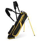 A full front shot of standing El Camino golf bag in black & yellow with double strap