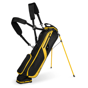 A full front shot of standing El Camino golf bag in black & yellow with double strap