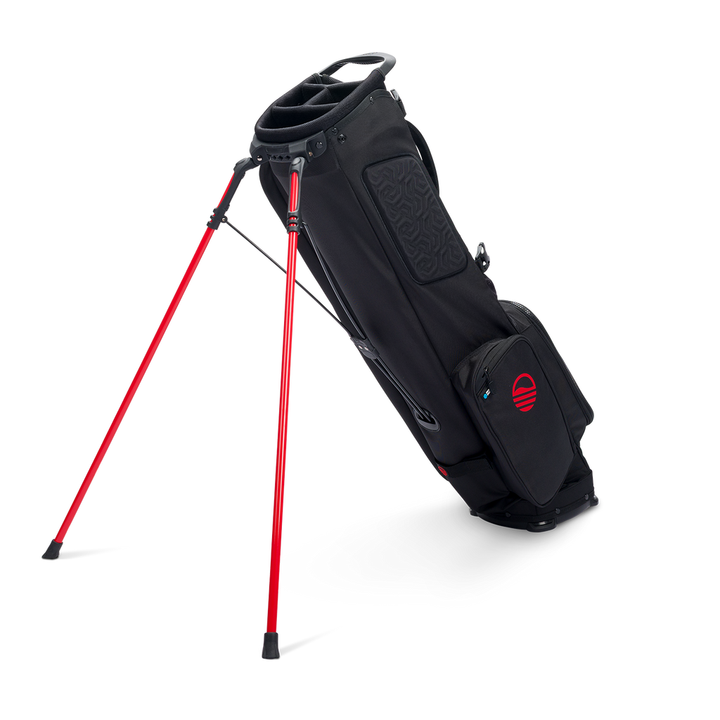 A full shot of El Camino golf bag in blackjack facing backward 

