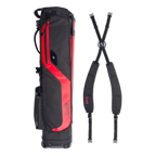 A full shot of El Camino golf bag in blackjack laying flat sideways beside its double strap 
