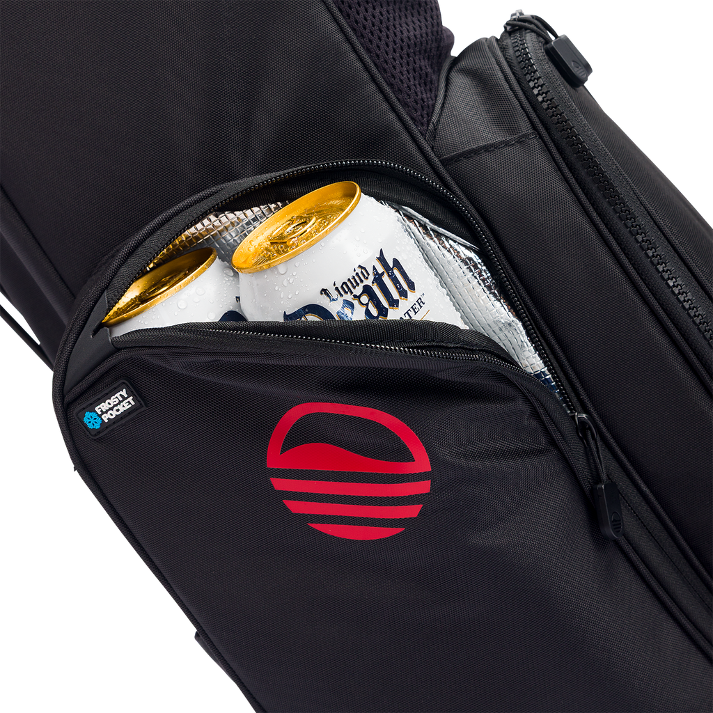 A close up shot of blackjack El Camino golf bag's insulated pocket with a canned drink inside
