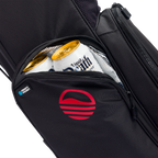 A close up shot of blackjack El Camino golf bag's insulated pocket with a canned drink inside
