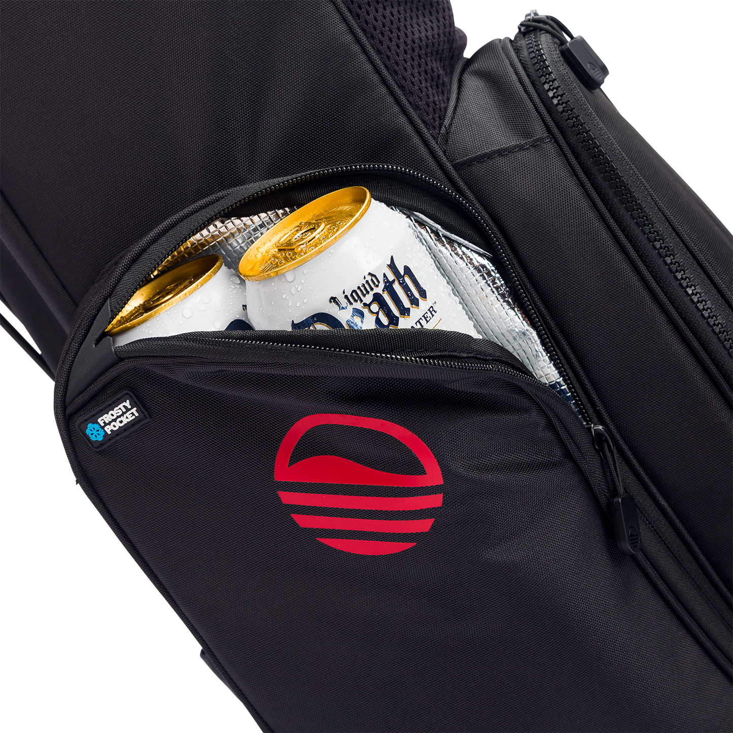 A close up shot of blackjack El Camino golf bag's insulated pocket with a canned drink inside

