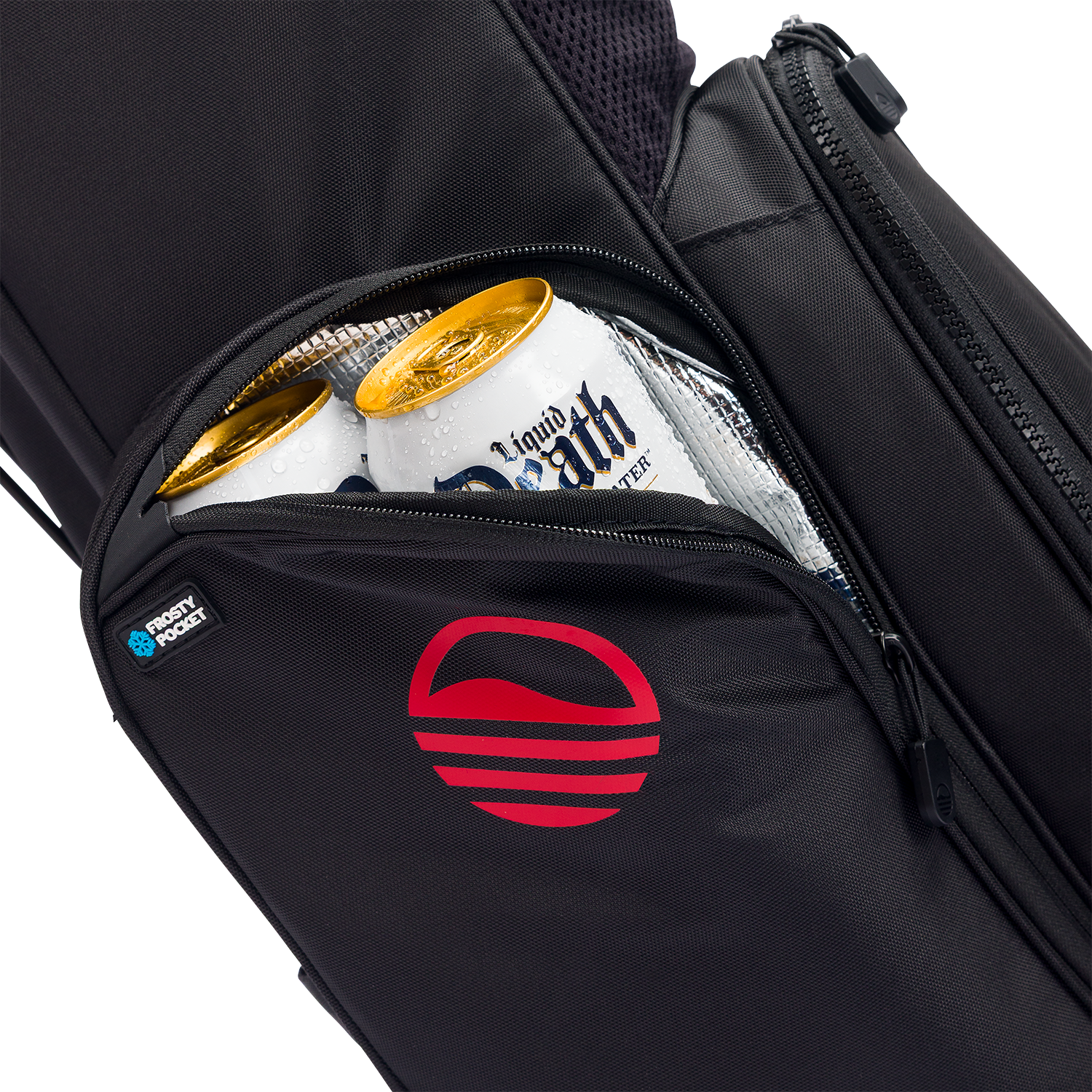 A close up shot of blackjack El Camino golf bag's insulated pocket with a canned drink inside
