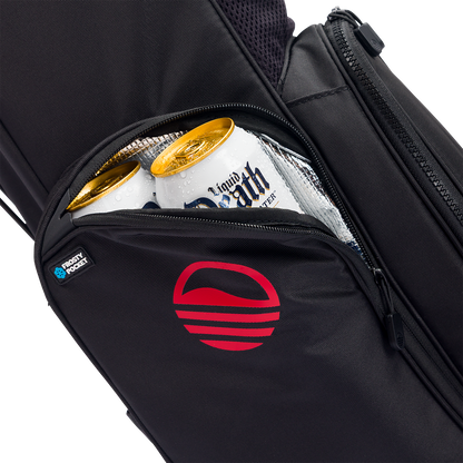 A close up shot of blackjack El Camino golf bag's insulated pocket with a canned drink inside
