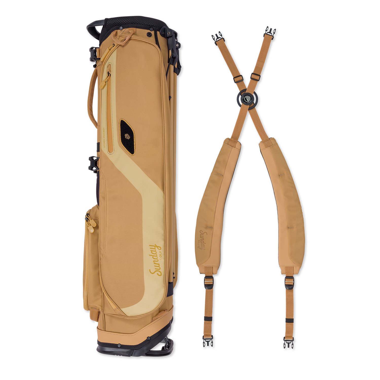 A full shot of El Camino golf bag in clay thompson laying flat sideways beside its double strap 
