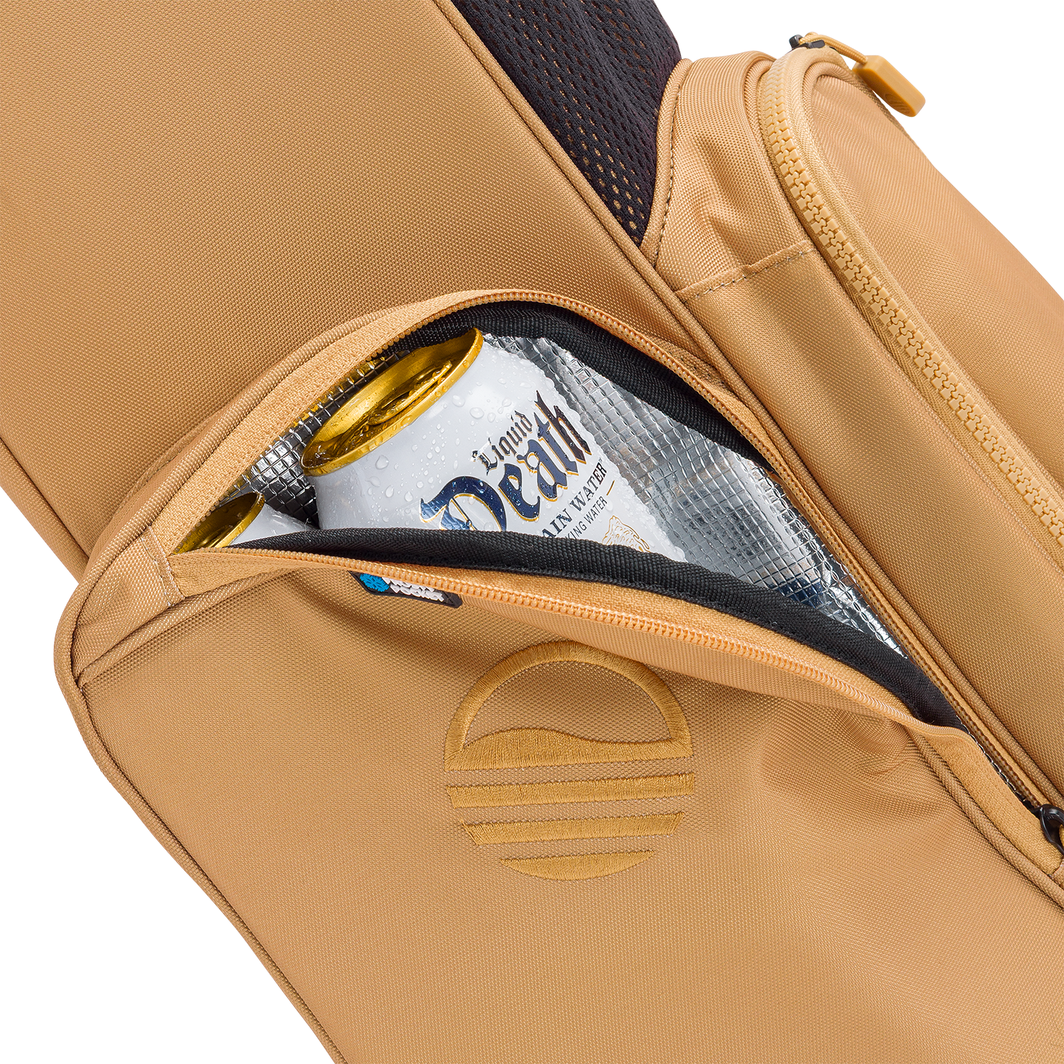 A close up shot of clay thompson El Camino golf bag's insulated pocket with a canned drink inside
