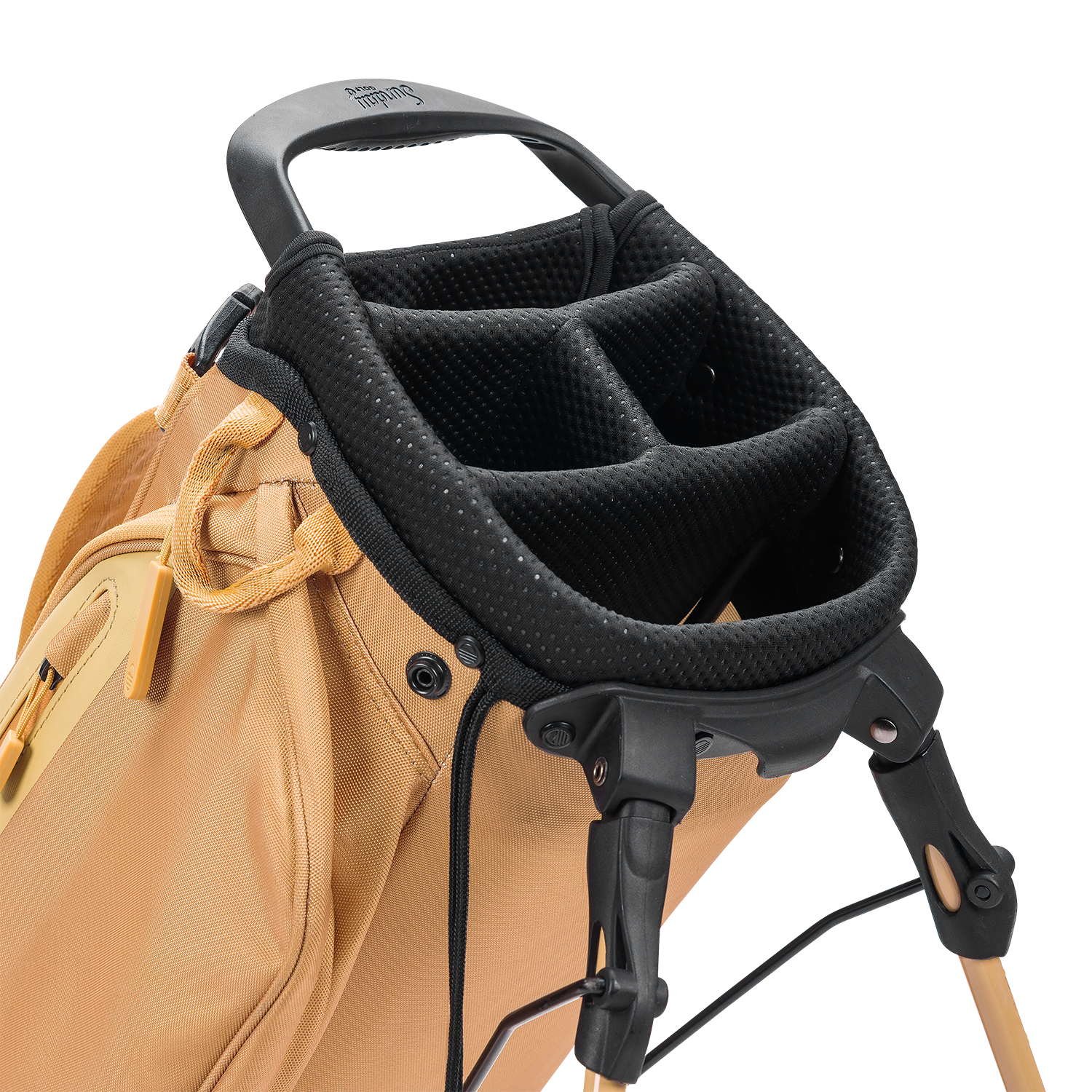 A close up top view of a clay thompson El Camino golf bag's 4 way divider  
