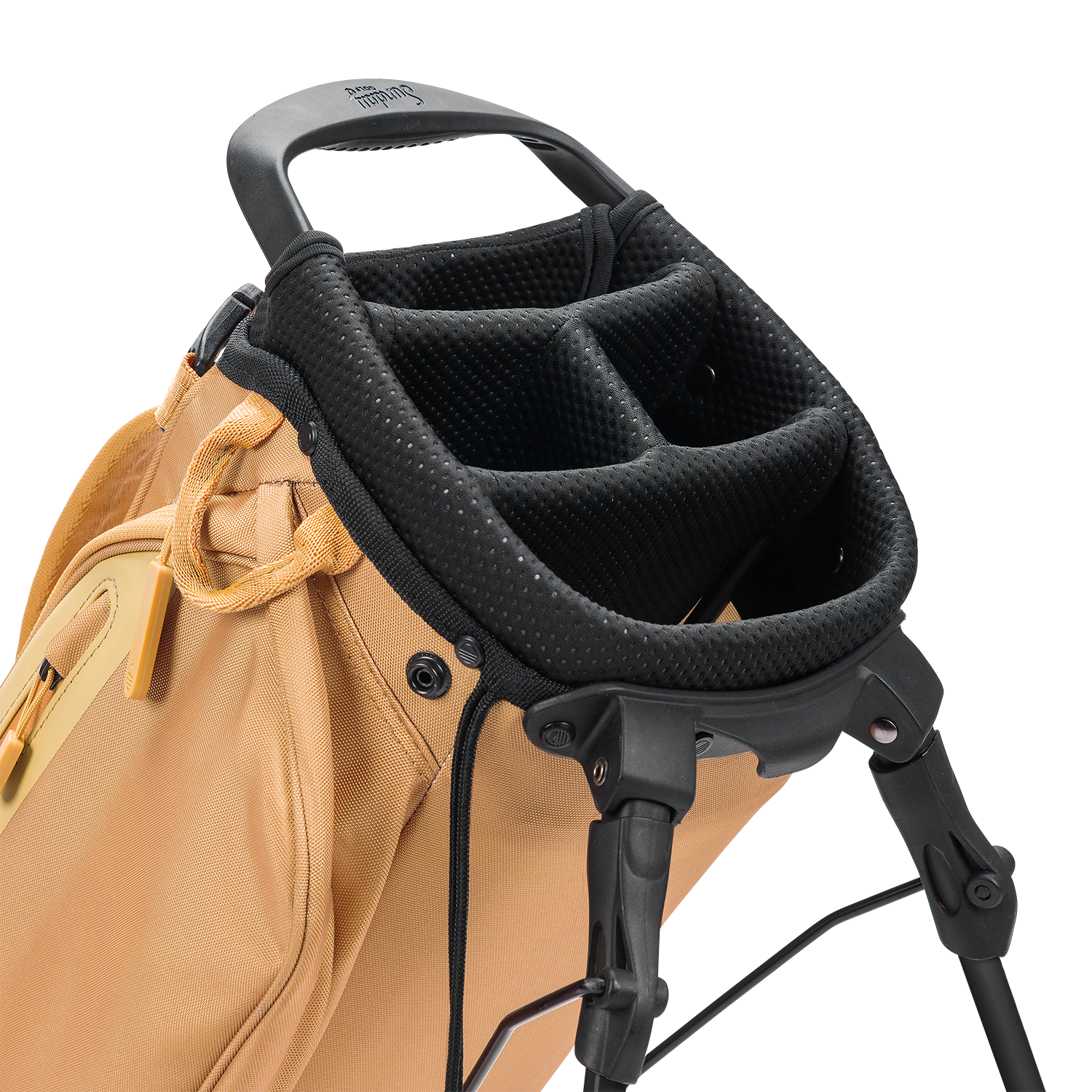 Close-up of a golf bag with a black stand and handle on a white background