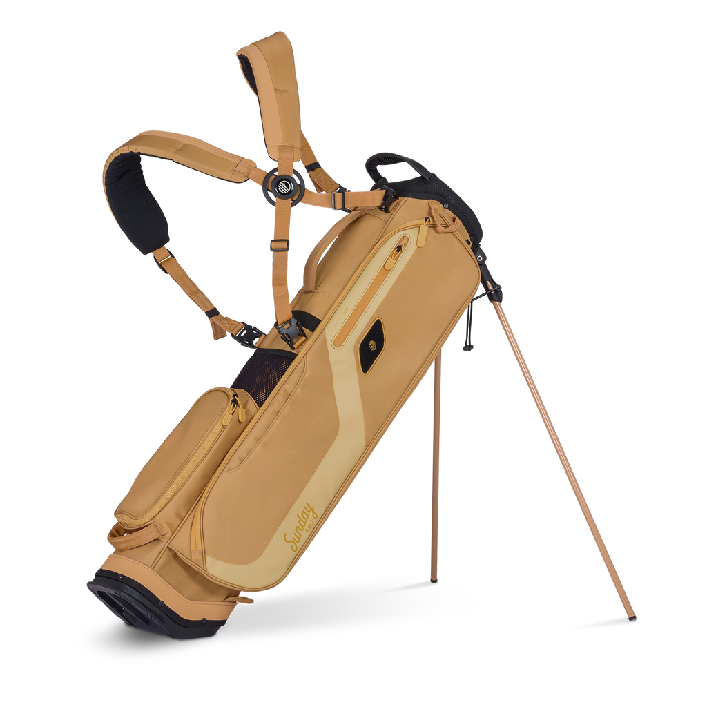 A full front shot of standing El Camino golf bag in clay thompson with double strap
